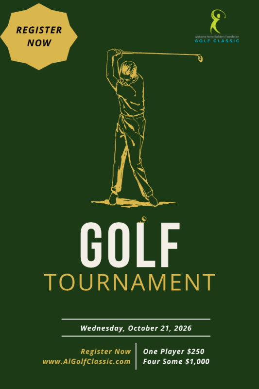 Poster announcing a Golf Tournament with a gold golfer silhouette, bold 'GOLF' and 'TOURNAMENT' text, 'REGISTER NOW' badge, date October 21, 2026, and sponsor/logo in the corner.
